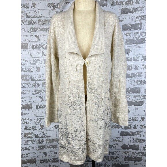 Coldwater Creek Wool‎ Cardigan Sz L (12/14) Alpine Print Beige Gray Knee Length - Picture 1 of 16
